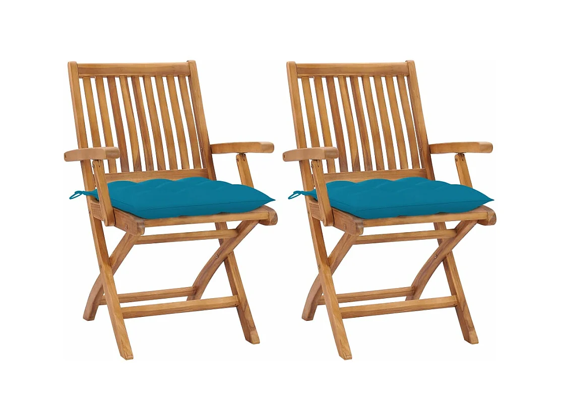 Chaises de jardin 2 pièces avec coussins bleu clair Teck massif