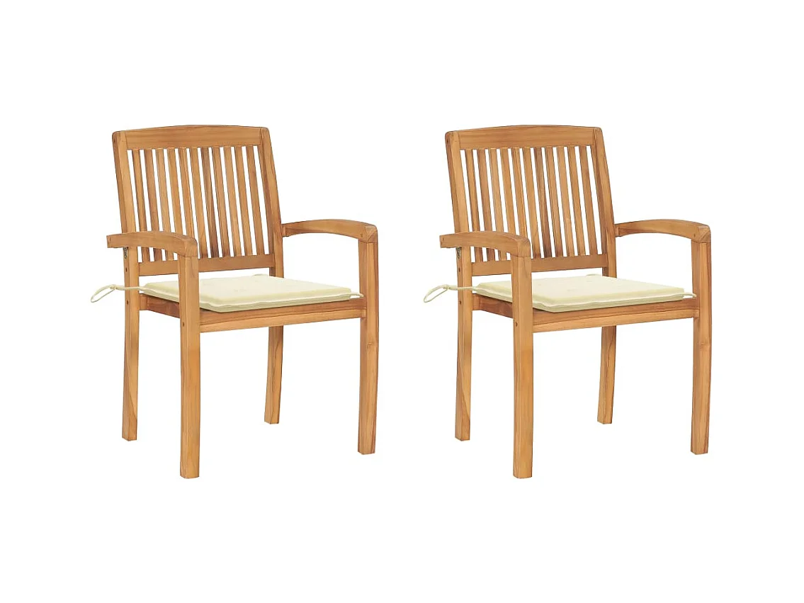 Chaises de jardin 2 pièces avec coussins crème Bois de teck massif