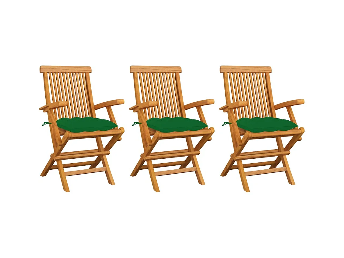 Chaises de jardin avec coussins vert 3 pièces Bois de teck massif