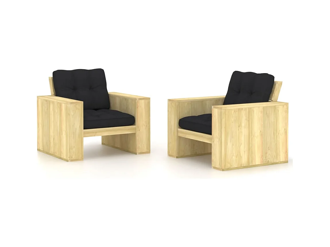 Chaises de jardin 2 pièces avec coussins noir Pin imprégné