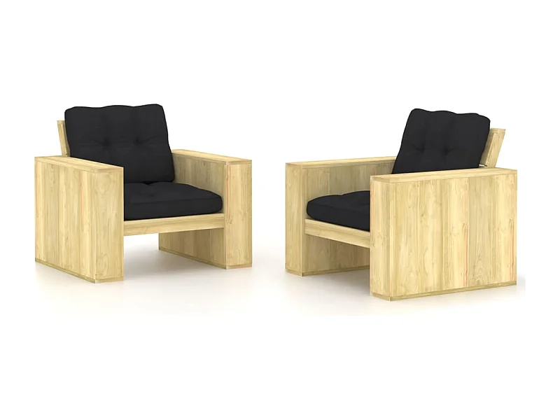 Chaises de jardin 2 pièces avec coussins noir Pin imprégné