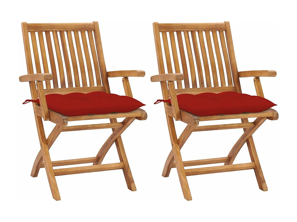 Chaises de jardin 2 pièces avec coussins rouge Bois de teck massif