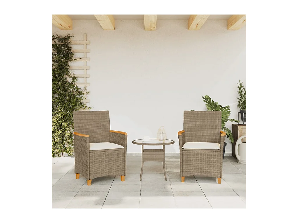 Cadeiras de jardim c/ almofadões 2 peças vime PE/madeira bege