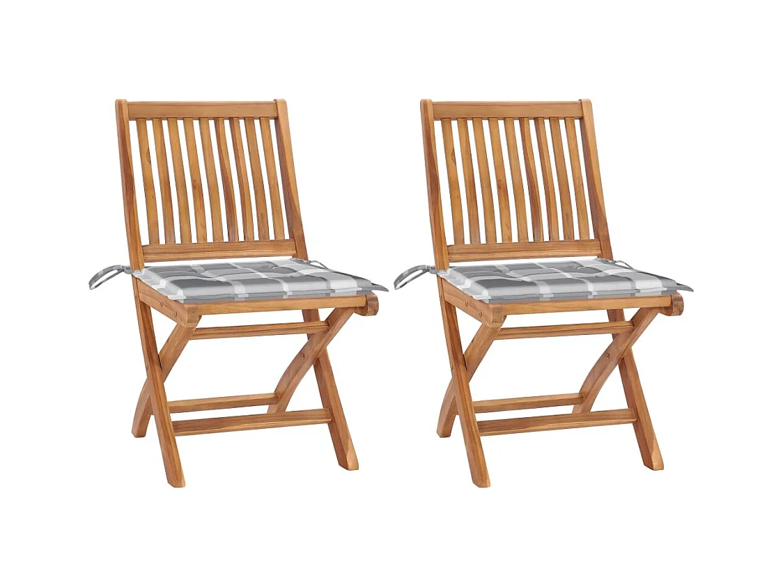 Chaises de jardin 2 pièces avec coussins à carreaux gris Teck
