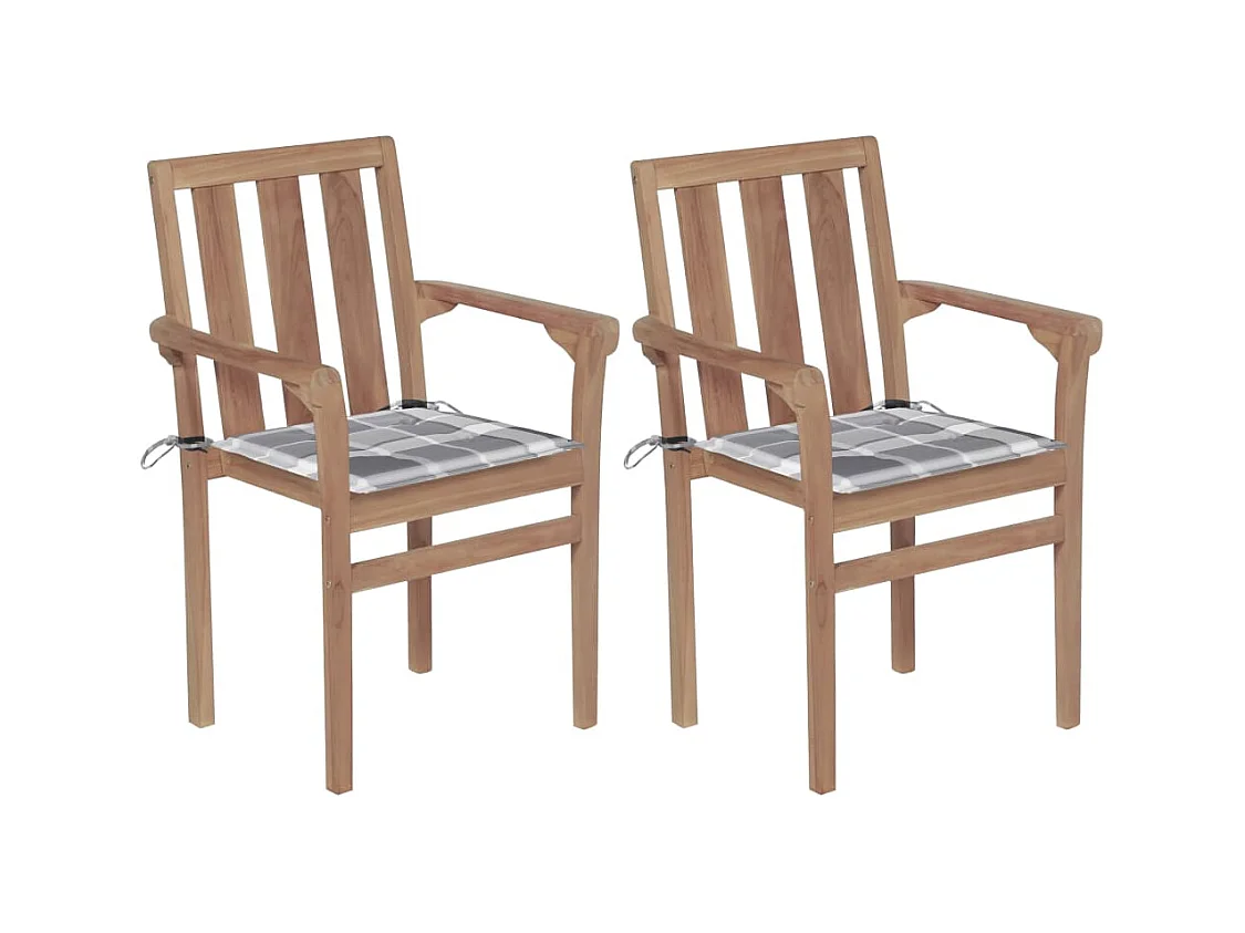 Chaises de jardin 2 pièces avec coussins à carreaux gris Teck