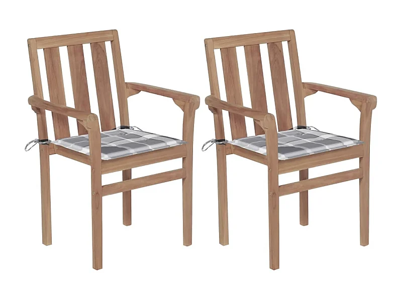 Chaises de jardin 2 pièces avec coussins à carreaux gris Teck