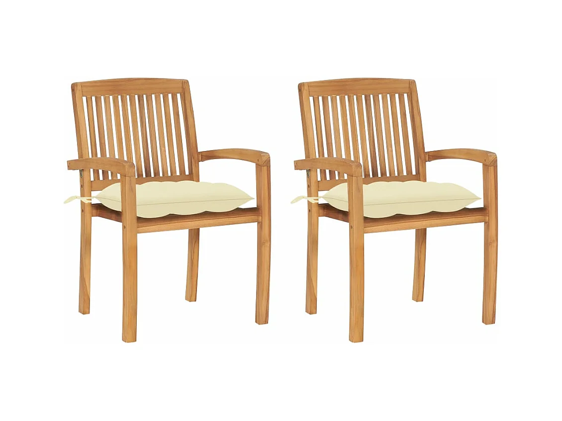Chaises de jardin 2 pièces avec coussins blanc crème Bois de teck