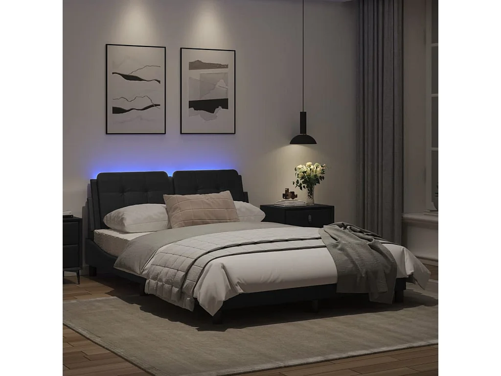 Estrutura de cama c/ luzes LED 140x200cm couro artificial preto