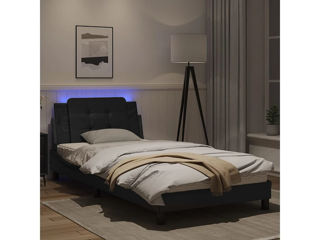 Estructura cama con luces LED cuero sintético negro 100x200 cm