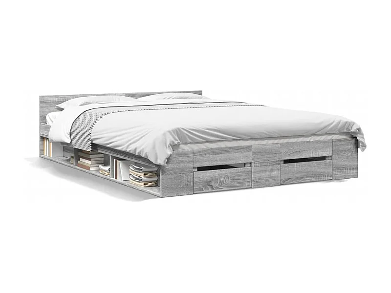 Cama con cajones madera ingeniería gris Sonoma 150x200 cm