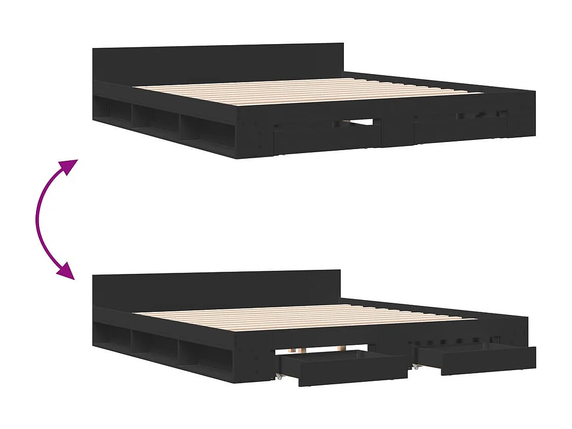 Cadre de lit avec tiroirs noir 180x200 cm bois d'ingénierie
