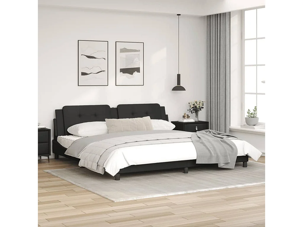 Estrutura cama c/ cabeceira 200x200 cm couro artificial preto