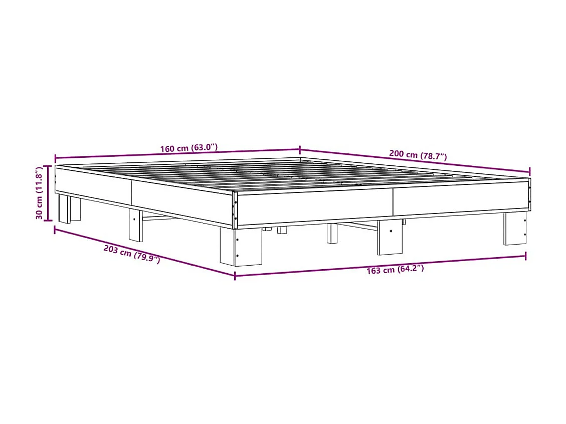 Estructura cama madera ingeniería metal gris Sonoma 160x200 cm