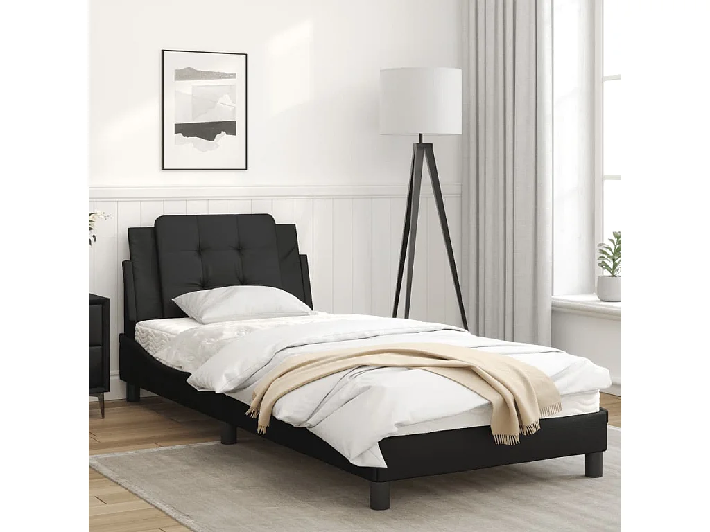 Estrutura cama c/ cabeceira 90x200 cm couro artificial preto