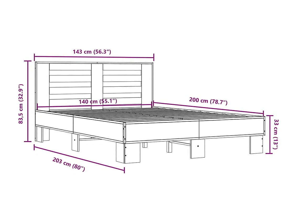 Cadre de lit chêne fumé 140x200 cm bois d'ingénierie et métal