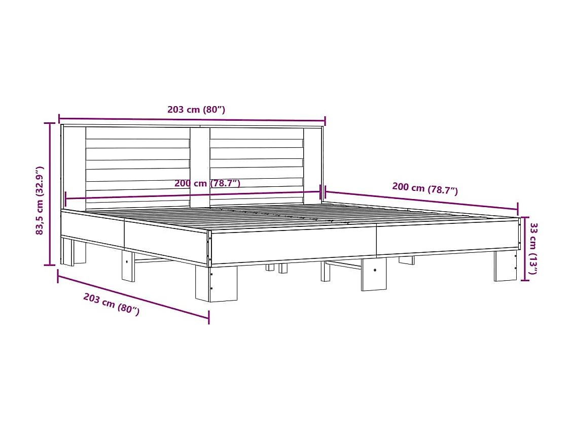 Estructura cama madera ingeniería metal marrón roble 200x200 cm