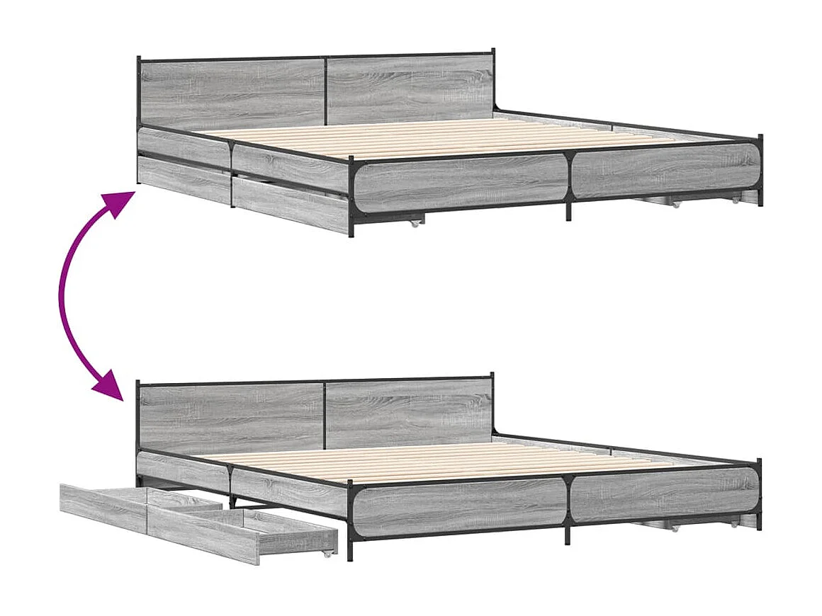 Cama con cajones madera ingeniería gris Sonoma 200x200 cm