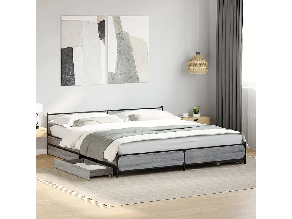 Estrutura de cama c/ gavetas derivados madeira cinza sonoma