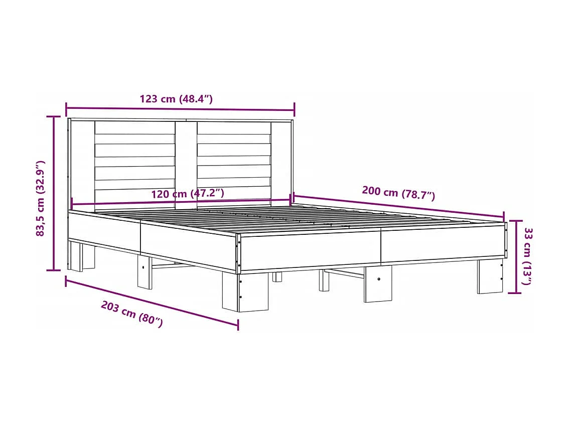 Estructura cama madera ingeniería metal gris Sonoma 120x200 cm