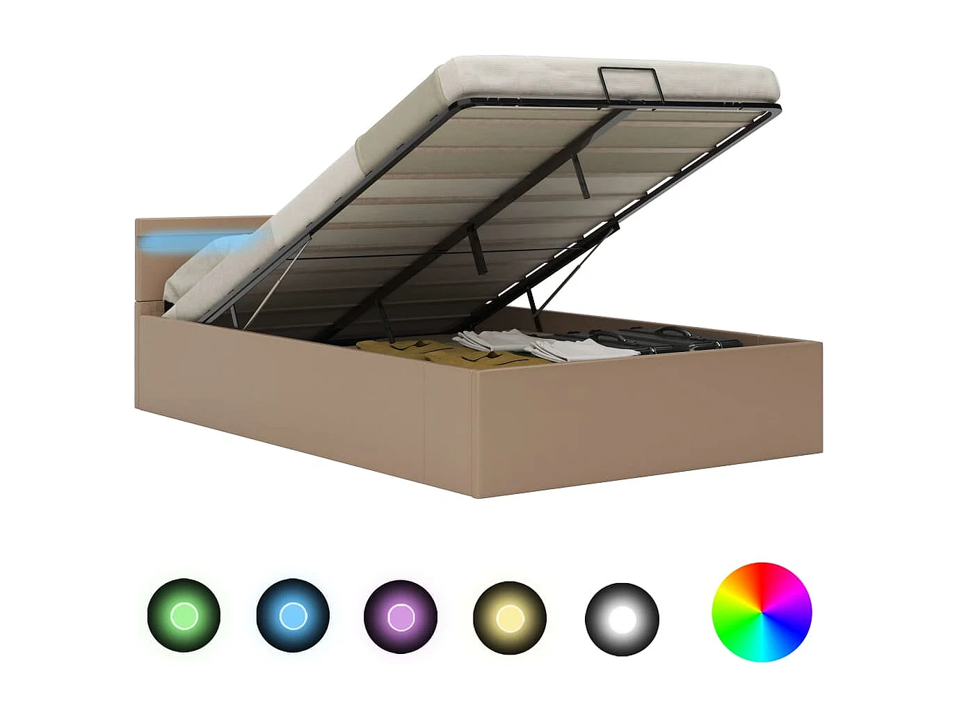 Cama canapé hidráulica LED cuero sintético capuchino 140x200 cm