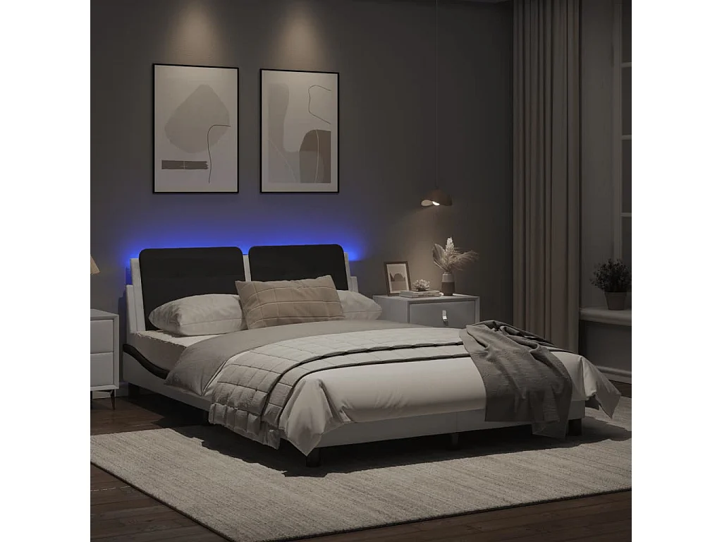 Estrutura cama c/ luzes LED 140x200cm couro artif. branco/preto