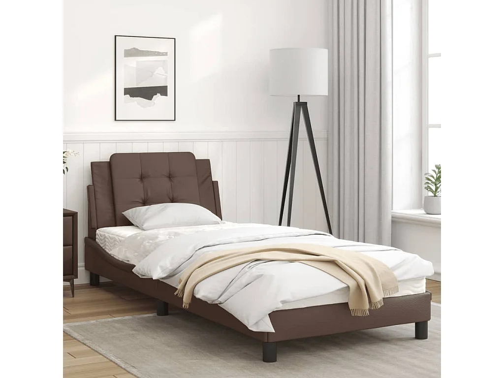 Estructura de cama con cabecero cuero sintético marrón 90x190cm