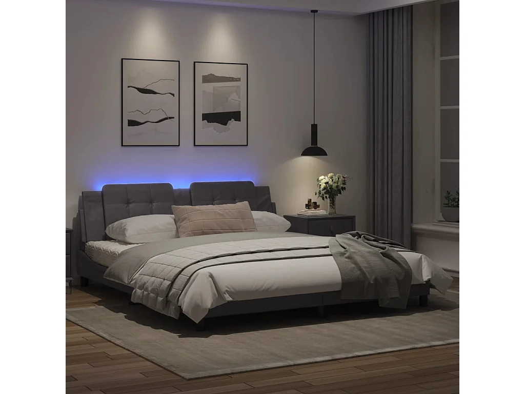 Estrutura de cama c/ luzes LED 180x200cm couro artificial cinza