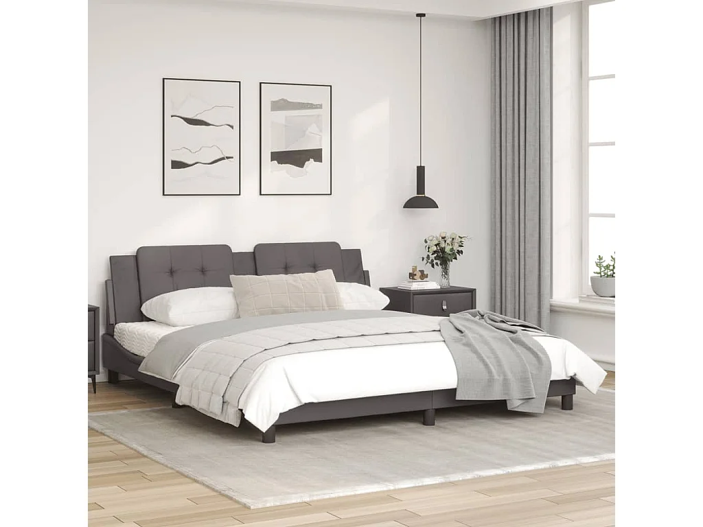 Estrutura de cama c/ luzes LED 180x200cm couro artificial cinza