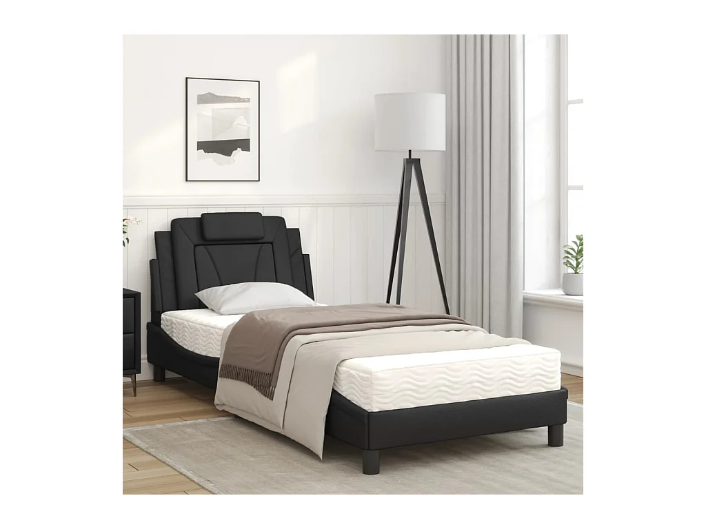 Cama con colchón cuero sintético negro 90x190 cm