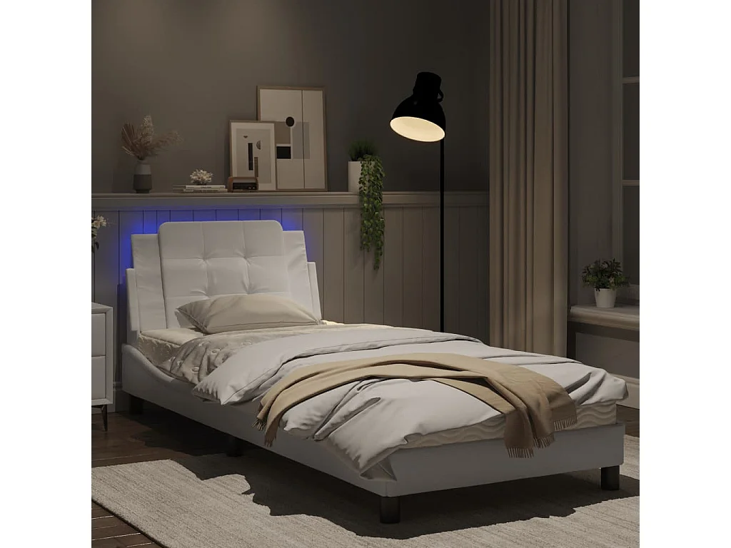 Estructura cama con luces LED cuero sintético blanco 90x190 cm