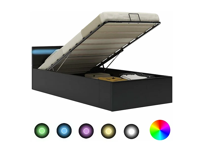 Cama canapé hidráulica con LED cuero sintético negro 100x200cm