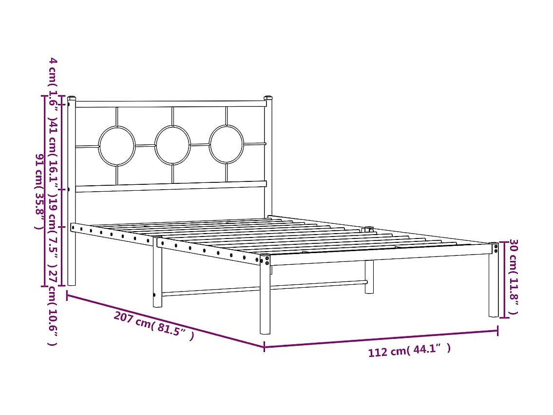 Cadre de lit métal avec tête de lit blanc 107x203 cm