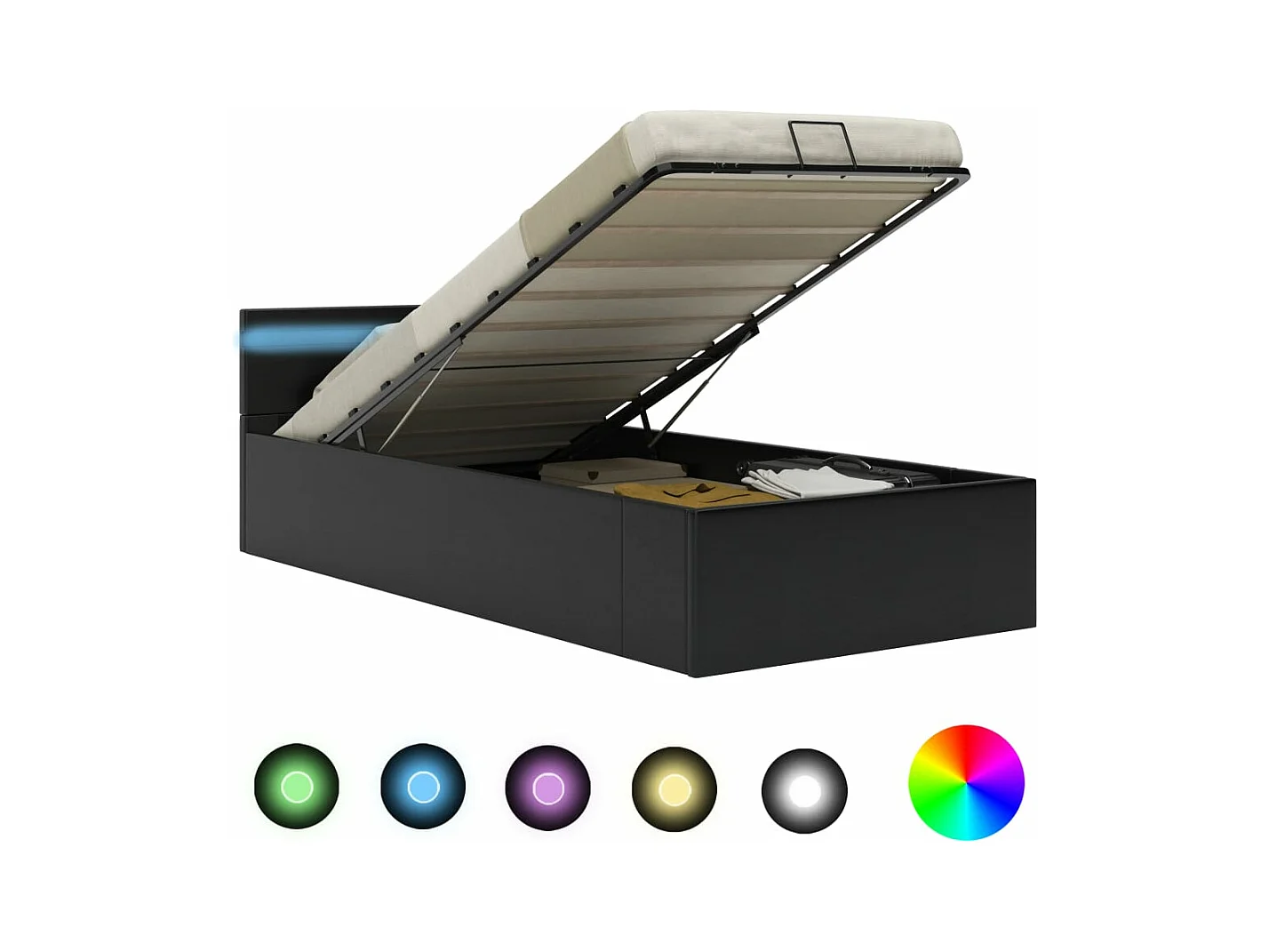 Cadre de lit à rangement avec LED noir similicuir 90x200 cm