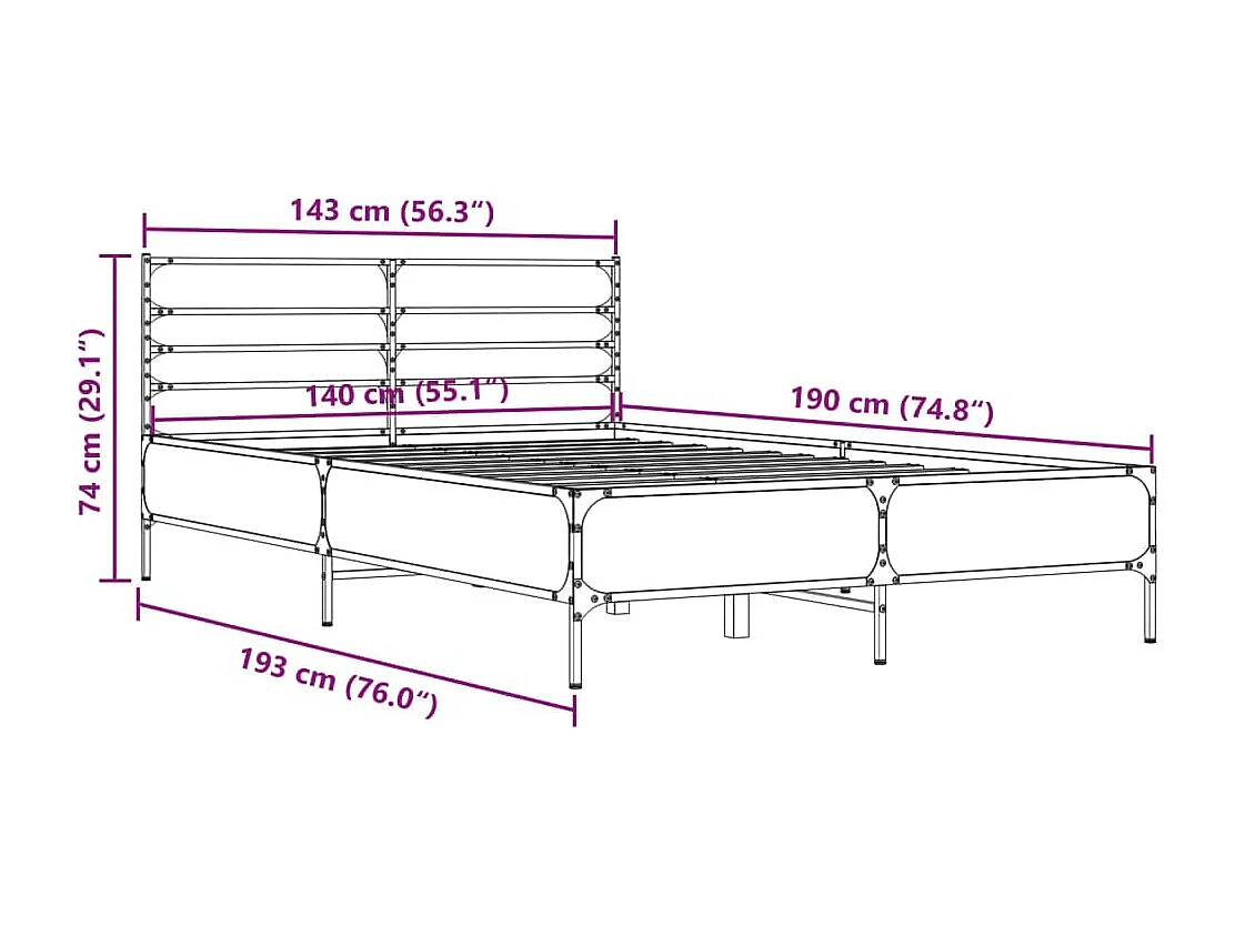 Estructura cama madera ingeniería metal roble ahumado 140x190cm