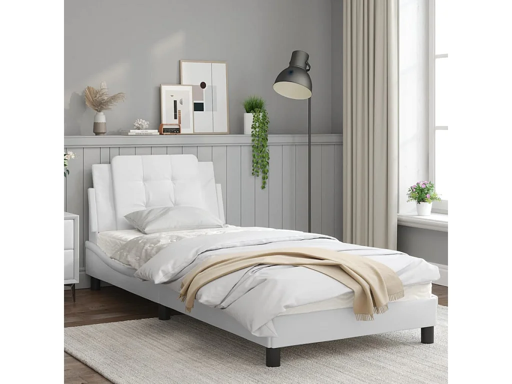 Estructura de cama con cabecero cuero sintético blanco 90x190cm