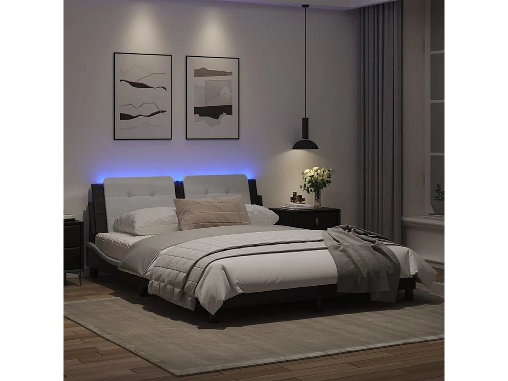 Estructura de cama con luz LED cuero PE negro blanco 160x200 cm