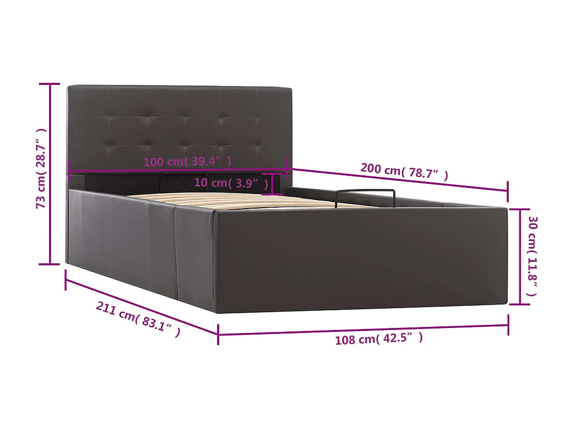 Cama hidráulica c/ arrumação 100x200cm couro artificial cinza