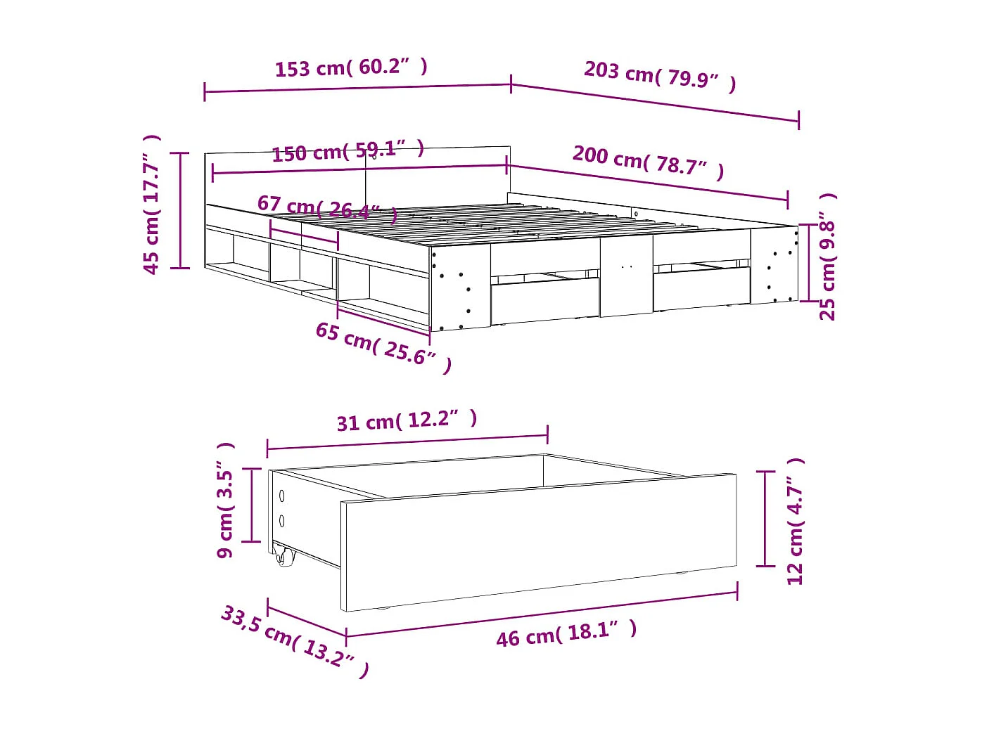 Estructura cama con cajones madera ingeniería blanca 150x200 cm