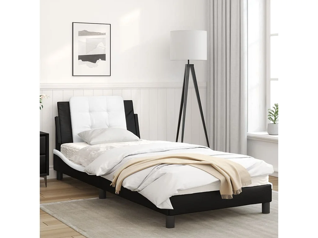 Estrutura cama c/ cabeceira couro artif. 80x200 cm preto/branco