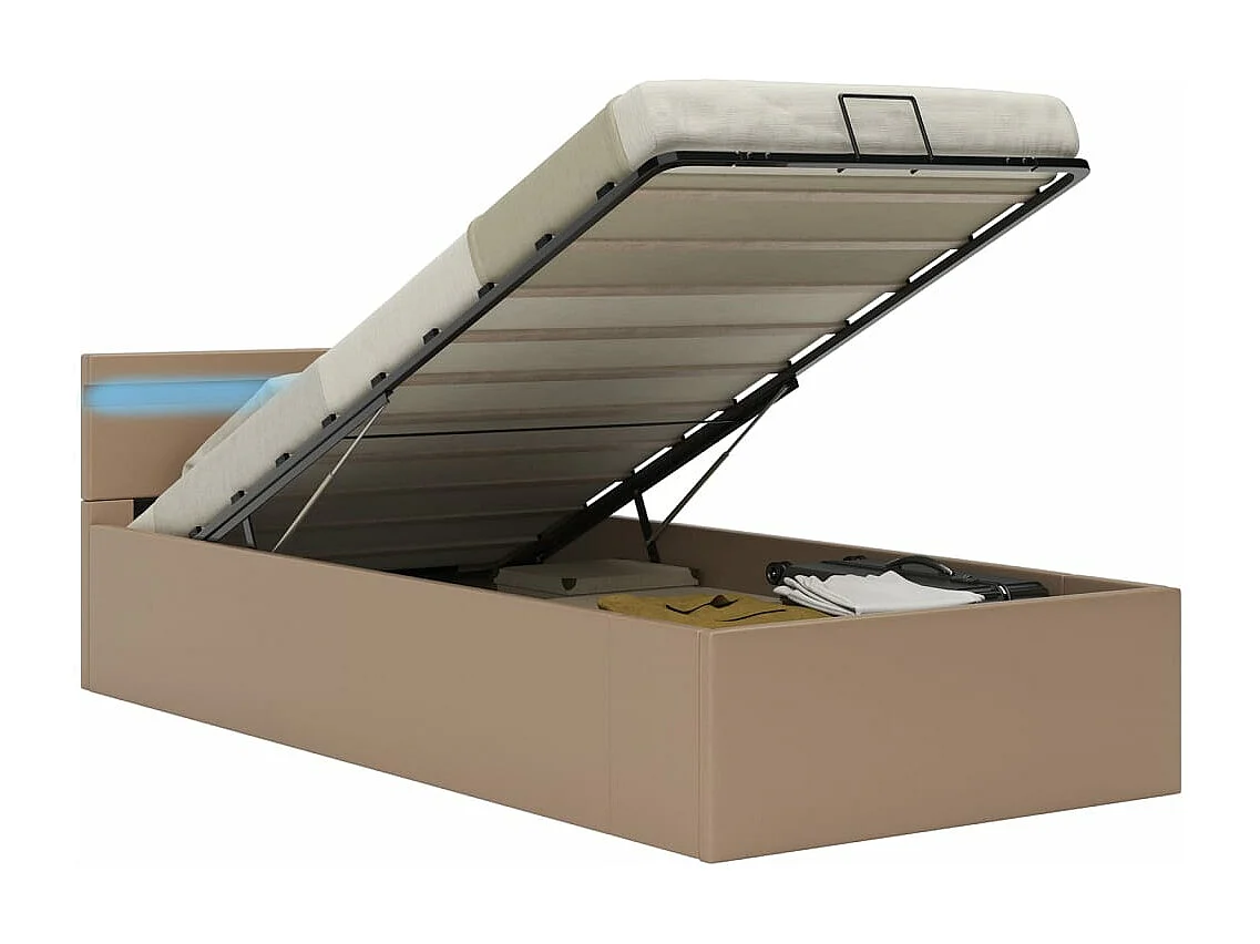 Cama canapé hidráulica LED cuero sintético capuchino 90x200 cm