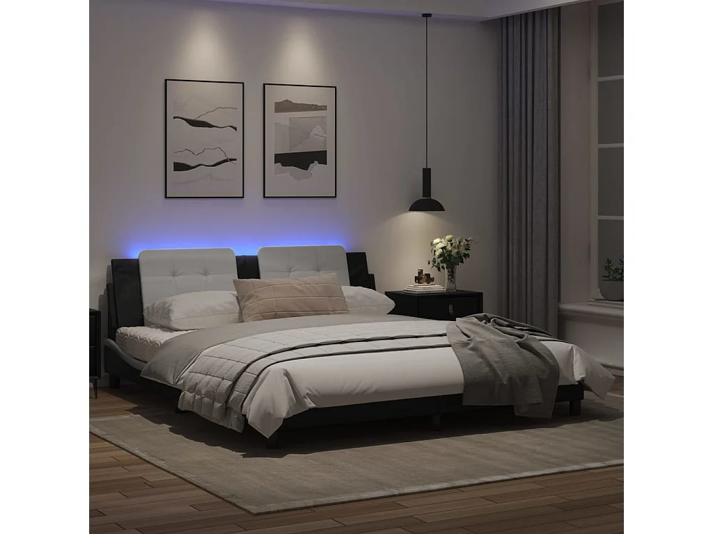 Estructura de cama con luz LED cuero PE negro blanco 180x200 cm