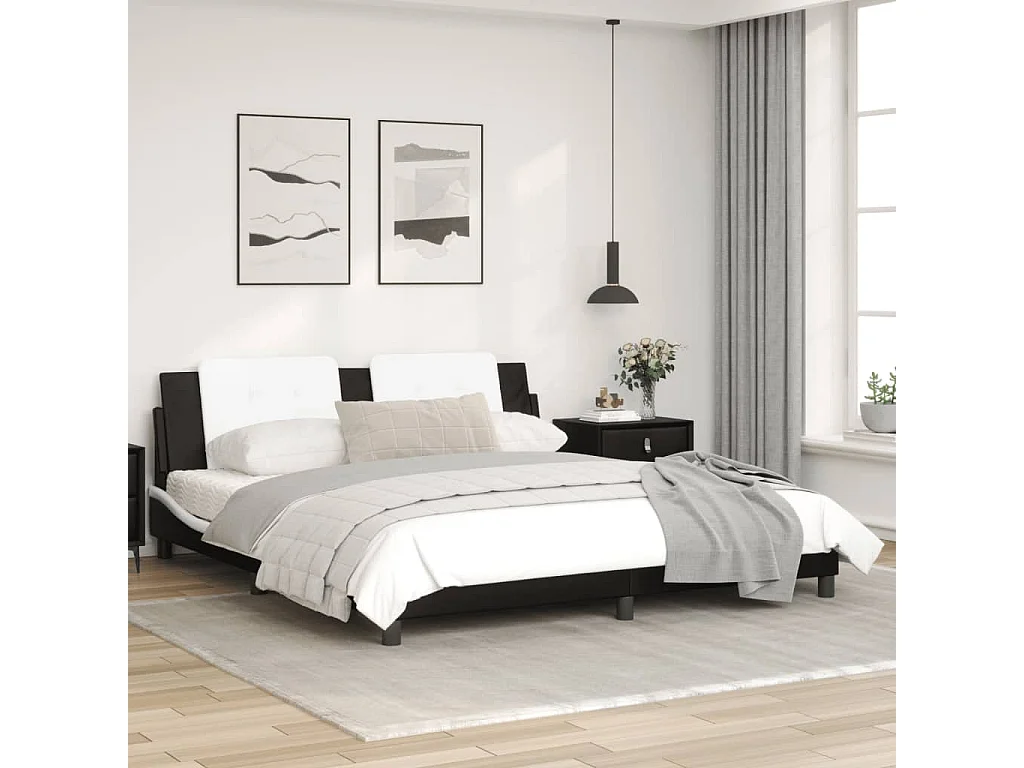 Estructura de cama con luz LED cuero PE negro blanco 180x200 cm