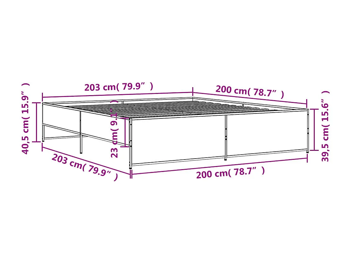 Estructura cama madera ingeniería metal roble ahumado 200x200cm