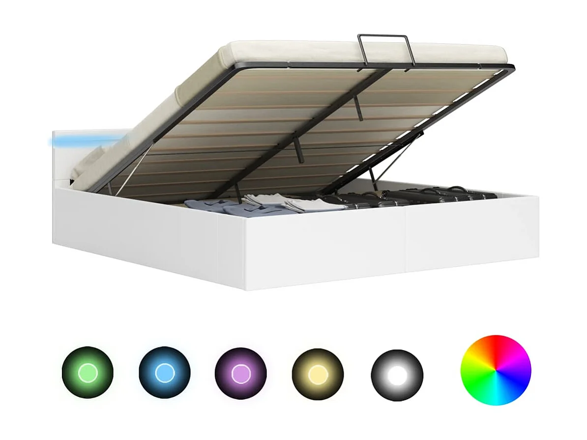 Cama canapé hidráulica con LED cuero sintético blanco 160x200cm