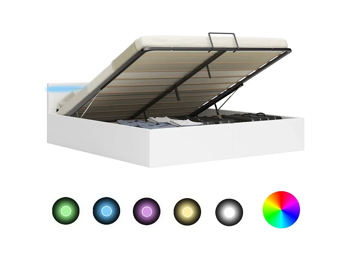 Cama hidráulica c/ arrumação LED 160x200cm couro artif. branco