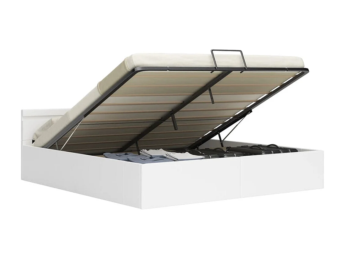 Cama hidráulica c/ arrumação LED 160x200cm couro artif. branco