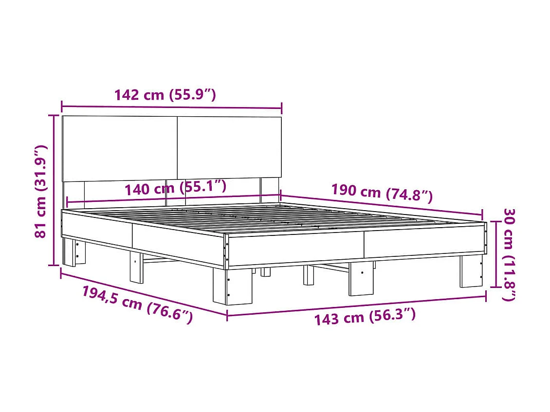 Estrutura de cama 140x190 cm derivados de madeira/metal preto