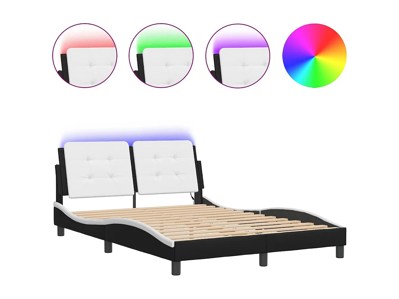 Estrutura cama c/ luzes LED 140x200cm couro artif. preto/branco