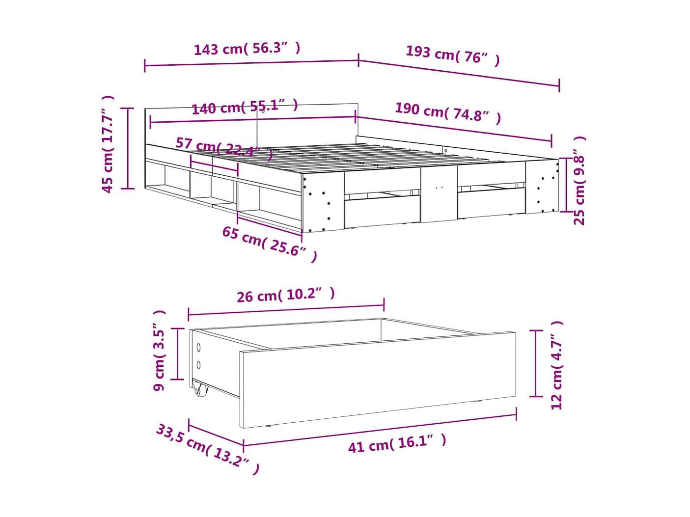 Estrutura de cama c/ gavetas derivados de madeira cinza-cimento