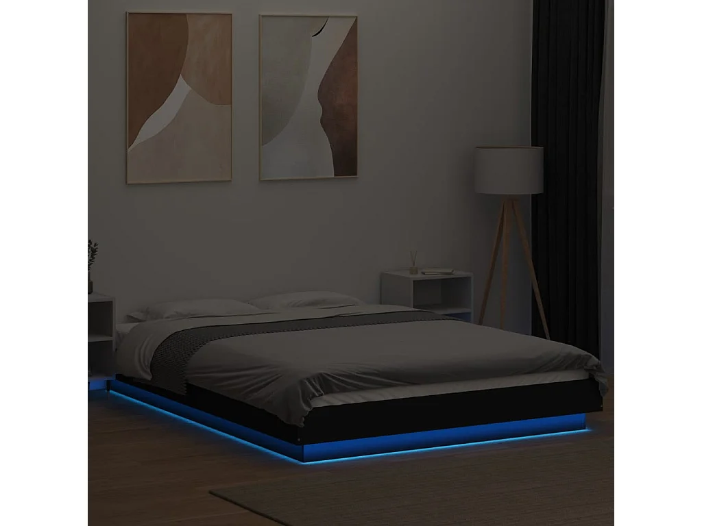 Estructura cama con luces LED madera ingeniería negro 135x190cm